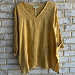 Kathleen Summers Yellow 100% Linen 3/4 Sleeve V-Neck Blouse Women's Size XS